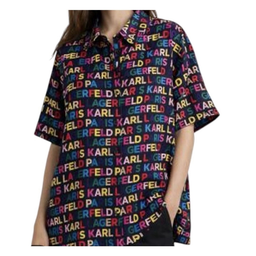 Karl Lagerfeld Paris Monogram Graffiti Print Button Up Shirt Top Womens 1X Plus